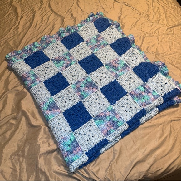 Other - Granny Square Afghan Crochet Knit Throw Blanket Blue 50 X 59 Winter Comfy Warm